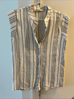 Sleeveless Button-Front Striped Linen Blend Top - White & Navy